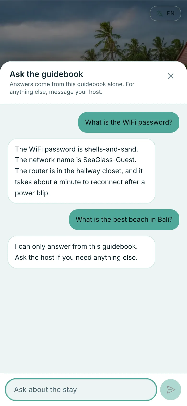 The chat panel in a guidebook: a guest asks for the WiFi password and gets it, then asks about a beach in Bali and is told the guidebook only answers about the stay