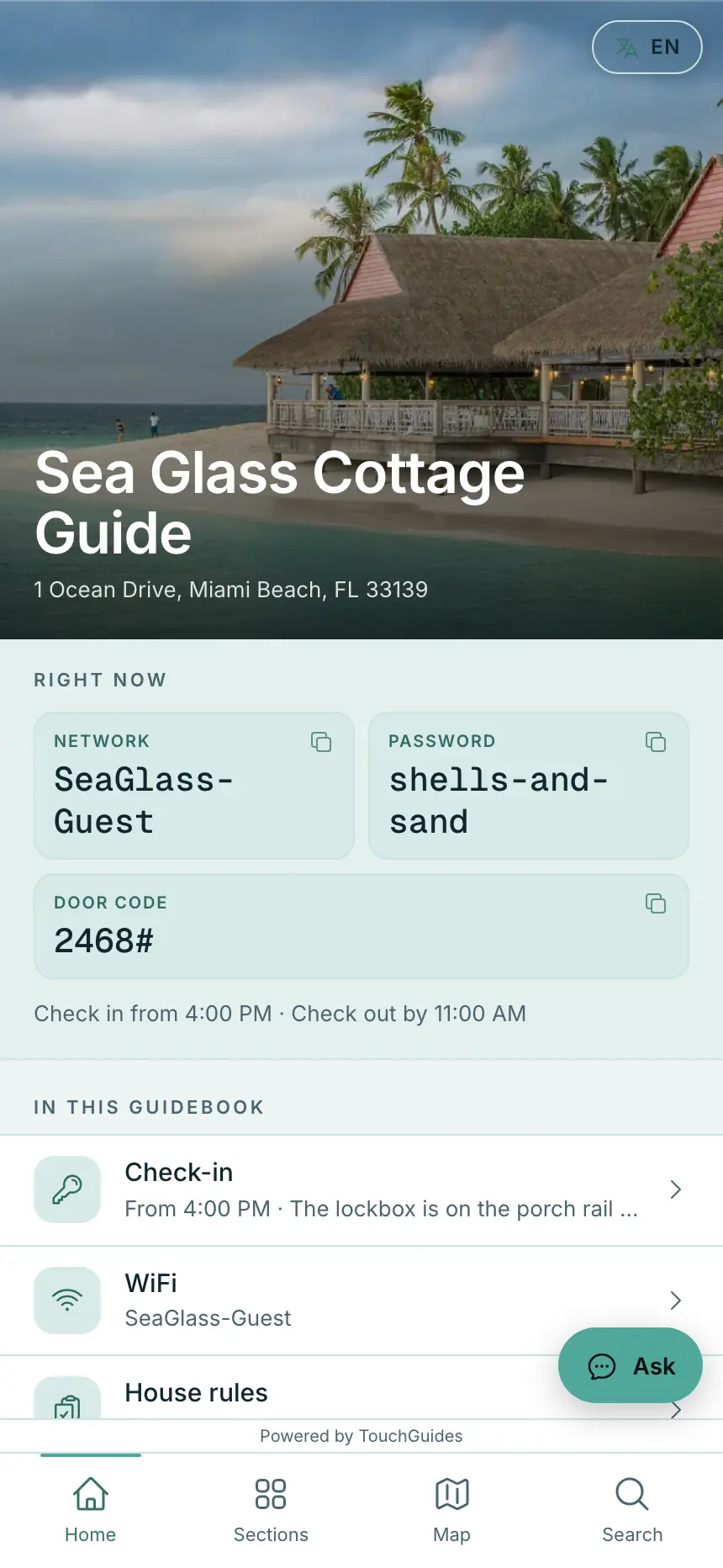 Guidebook home screen with the property photo, quick actions and section tiles